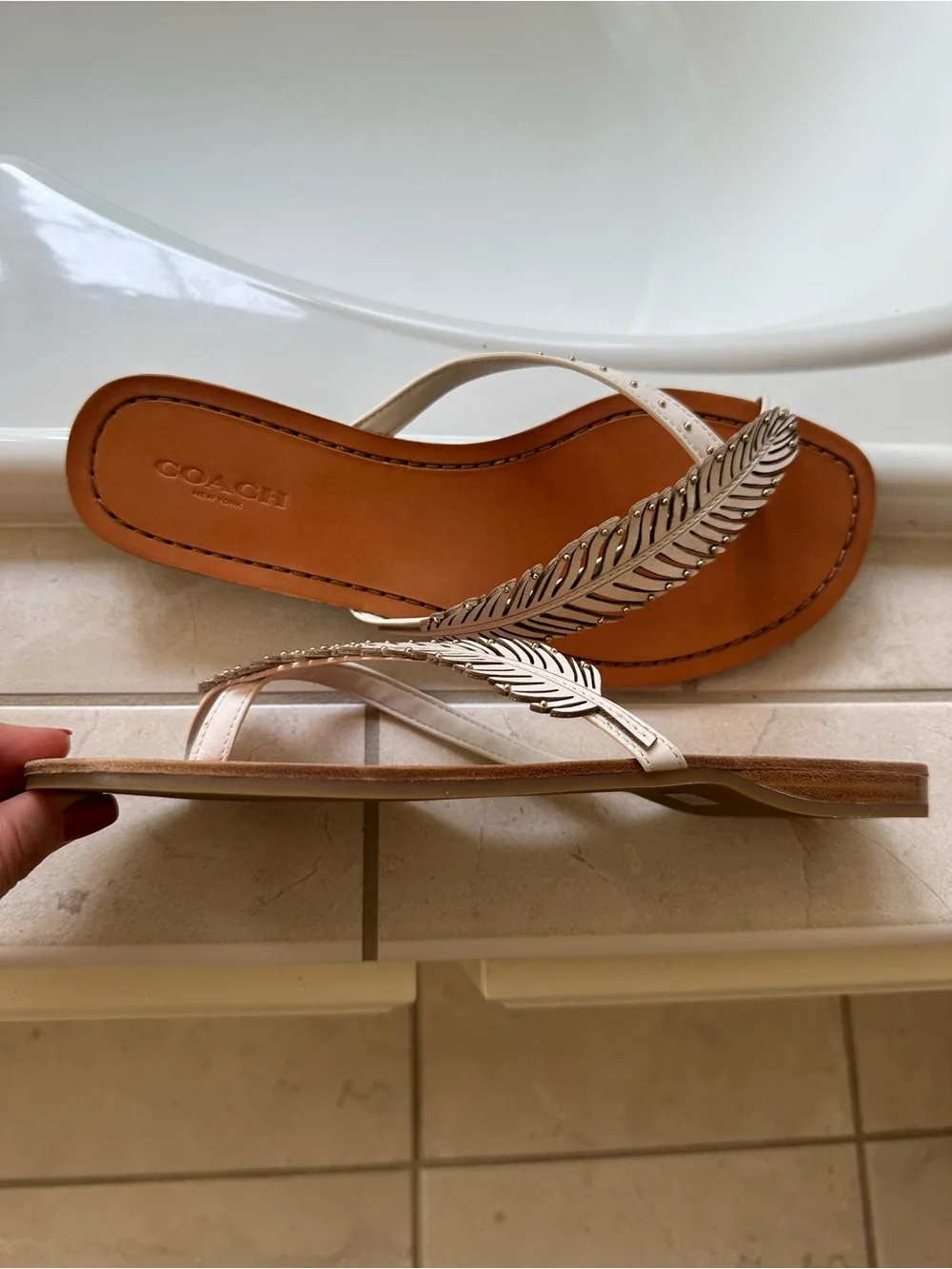 Coach Women's Metallic Feather Flip Flop Sandals - Silver & Brown